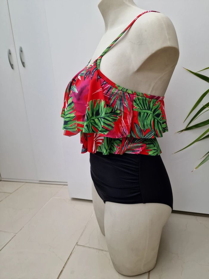 Tankini Taille Haute Maillot De Bain 2 Pieces Jungle Noir Rouge Rose Vert Volants Taille XL 44 - photo numéro 7