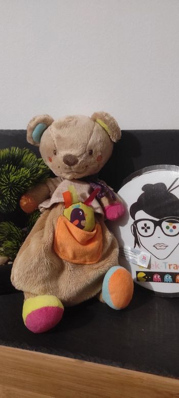 doudou ours gary marron oiseau pochepoche écharpe nicotoy bille bleu vert orange violet