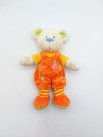 Peluche doudou ours écru crème MOTS D’ENFANTS salopette orange oiseau bleu vert
