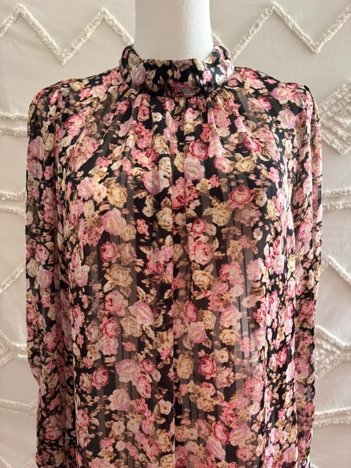 Blouse fleurie transparente col montant plissé – H&M – Taille L – style coquette romantique vintage - photo numéro 2