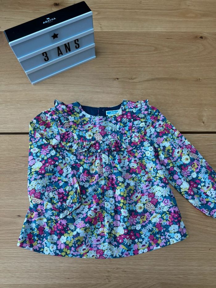 Blouse ML tissu liberty Thorpe, tons rose fushia/bleu/blanc/vert - Taille 3 Ans