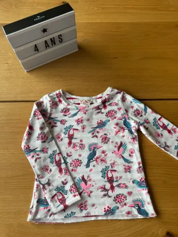 Teeshirt ML réversible un côté fond blanc oiseaux et fleurs, l’autre marinière - Taille 4 Ans