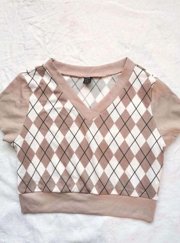 Pull crop top Shein carreaux manches courtes M 38 - photo numéro 3