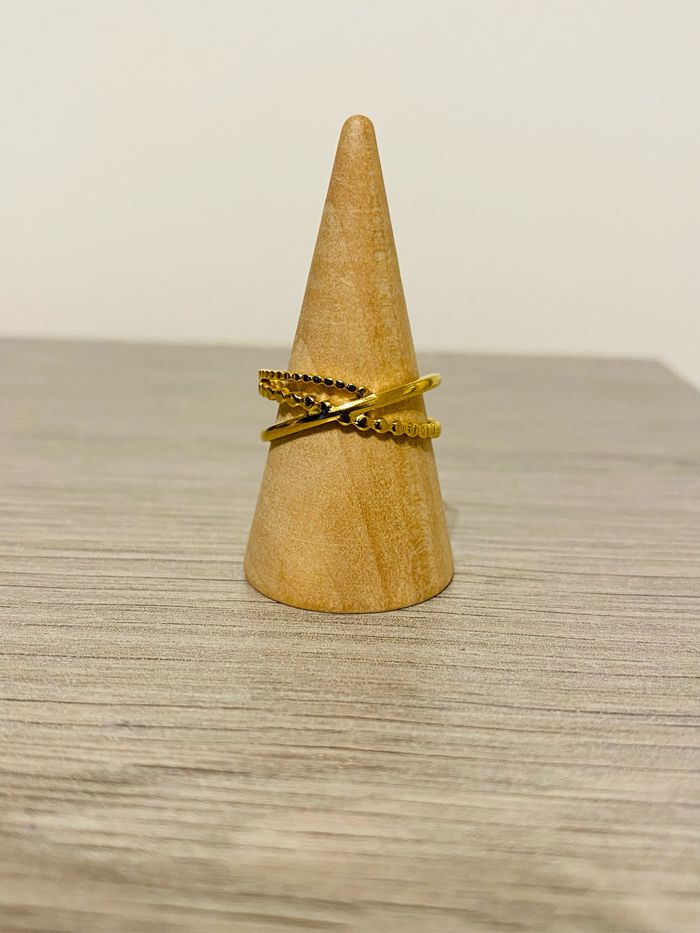 Bague fine ajustable doré double anneaux croix martelée torsadée acier inoxydable - photo numéro 2