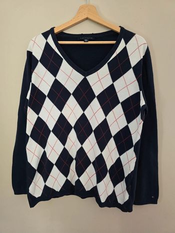 pull tommy hilfiger femme xl col v argyle preppy vintage marine blanc