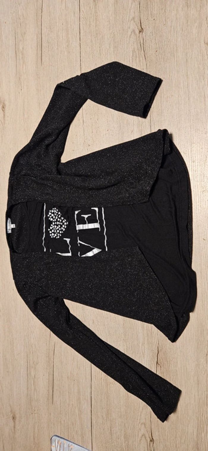 Gilet noir brillant avec t shirt, manches longues, Miss Liberto, taille 16 ou XS/S