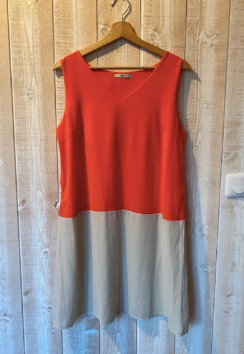 Robe droite chic corail & beige, 50% soie - taille XL