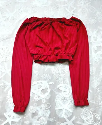 Haut court Crop top côtelé rouge - Manches longues et col volanté