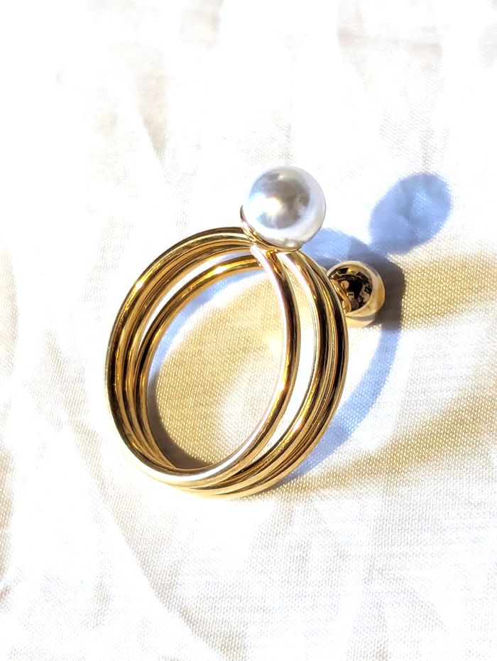 Bague Double Petites Sphères Dorée Perle Géométrique Fil Multicouche Bijou Doré Fantaisie Femmes - photo numéro 3