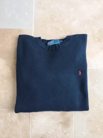 Pull col rond texturé marine logo rouge Ralph Lauren L