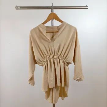 Tunique beige manches longues taille froncée col tunisien fluide T1 A1438
