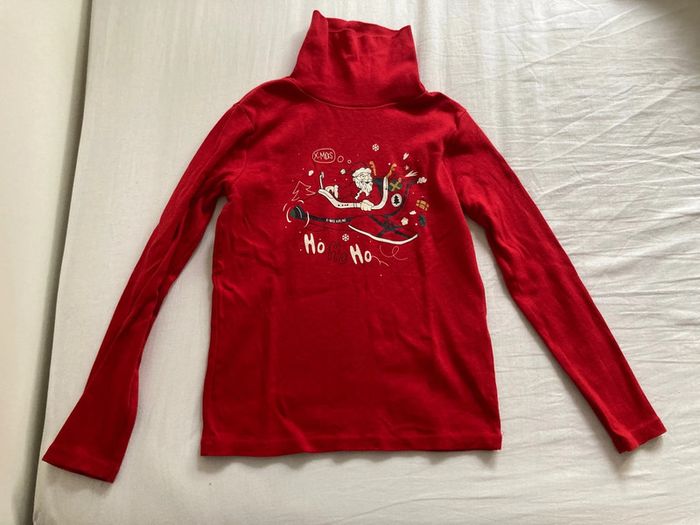 Tee shirt / sous pull col roulé manches longues kiabi coton bio père noël 8 ans