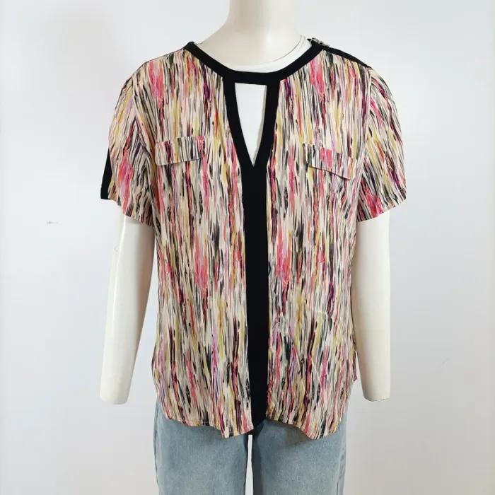 Blouse Chattawak fluide multicolore col goutte, empiècements contrastés, T40 A1573