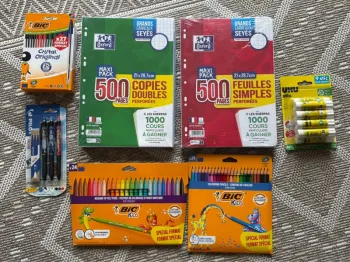 Lot feuilles oxford, stylos crayons et feutres bic, stylo pilote frixon et colle UHU
