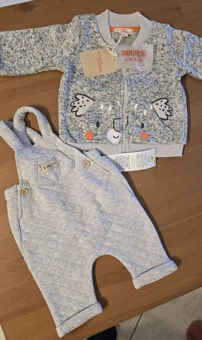 (NEUFS non portés) 🏷🏷SUPERBE ensemble sweat zippé et chaud et salopette matelassée 3mois Garçon 💙🥰 - photo numéro 2