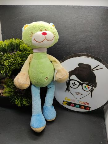 doudou peluche chat ours chien Bengy vert bleu jaune orange collier rose Ancien