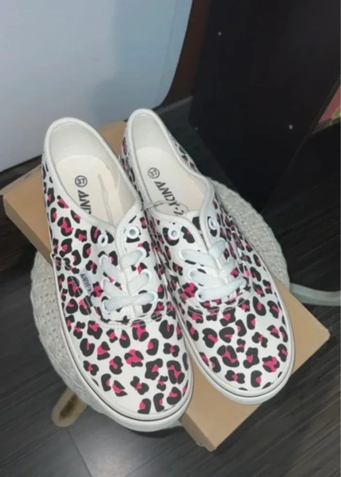 Baskets Femme ANDY-Z Neuves Motif Léopard Rose & Noir - Taille 37
