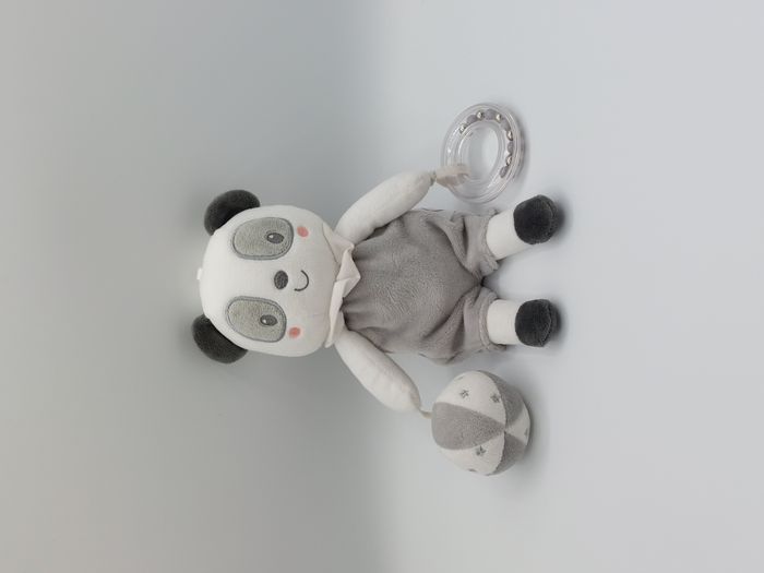 Peluche doudou ours panda blanc gris MOTS D’ENFANTS balle grelot 24 cm