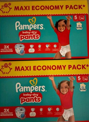 Lot de 2 cartons de Couches Pampers baby dry taille 5 pants