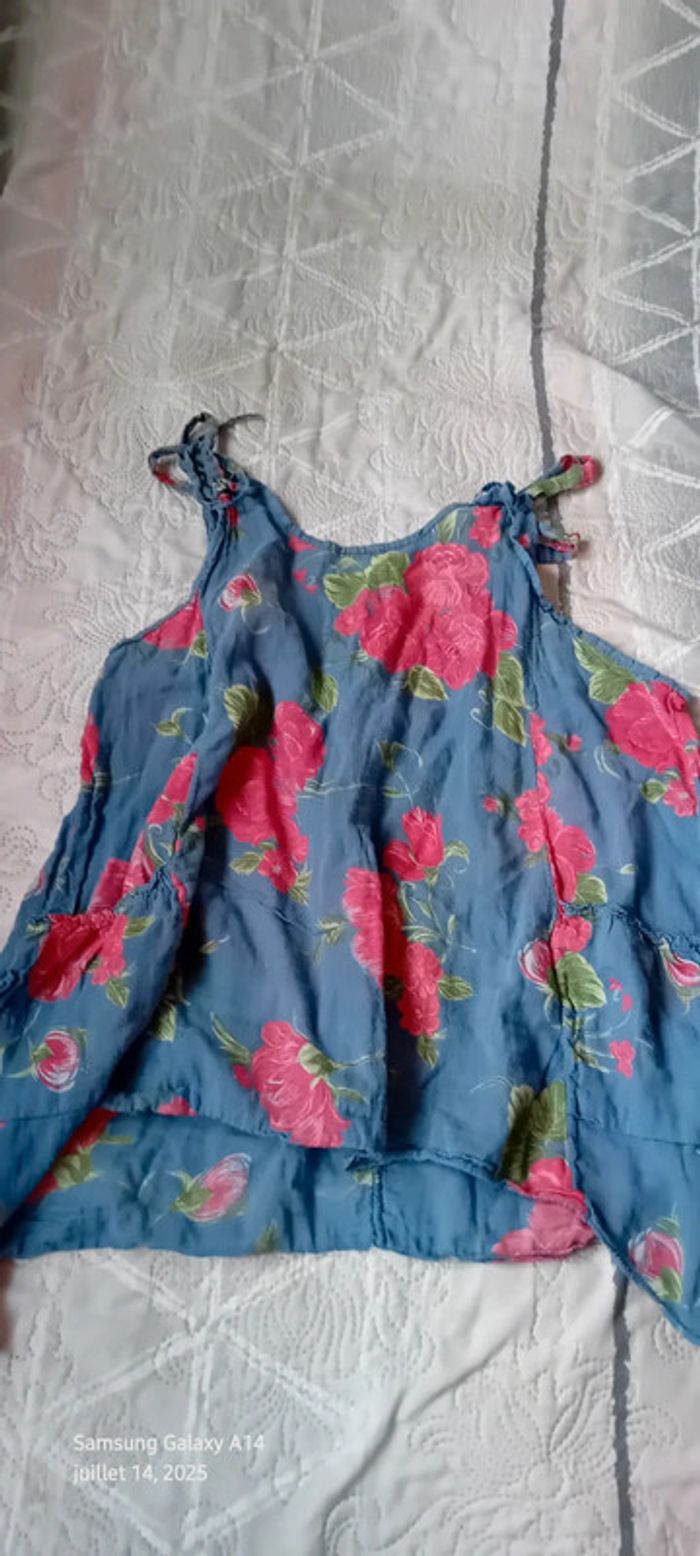 Tunique fines bretelles assymetriques motif fleurs bleu rose femme XL made in Italy - photo numéro 9