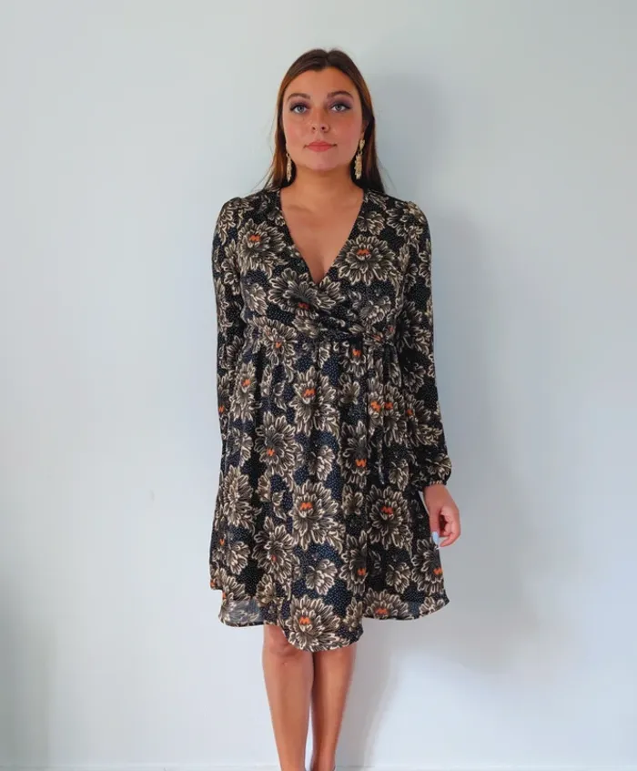 Robe mi-longue cache-cœur automnale noire beige fleurie casual chic Promod Taille 36 - photo numéro 4
