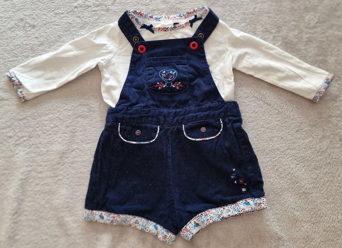 Ensemble Sergent Major T-shirt ML blanc + Salopette short velours marine 9M (BE) - photo numéro 2