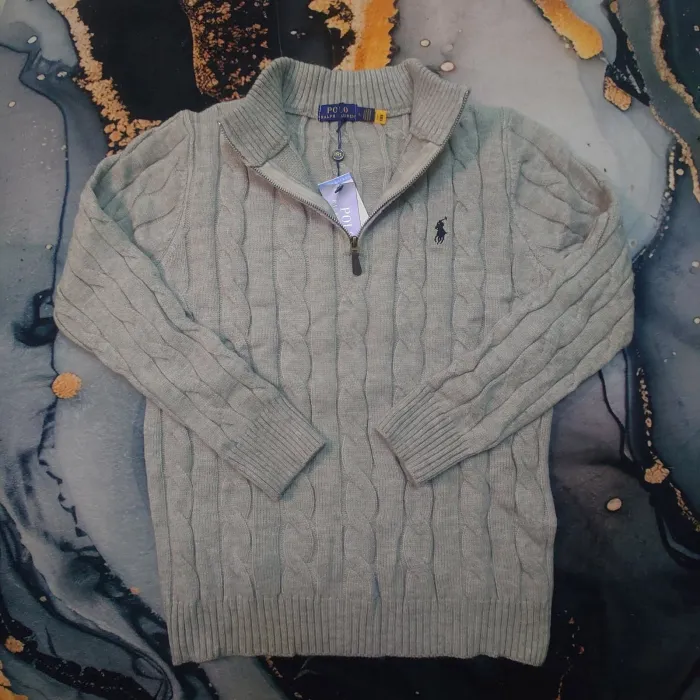 Pull torsadé Half Zip Ralph Lauren - Taille L - Gris logo brodé noir - Neuf - photo numéro 2