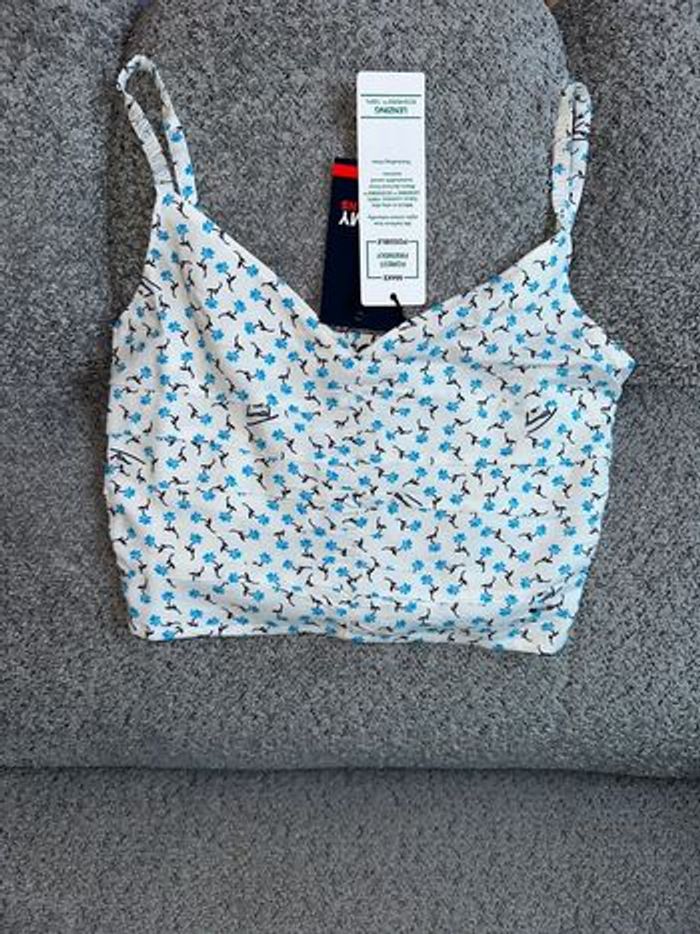 Top débardeur court crop top bretelles réglables blanc et bleu Tommy Hilfiger neuf - photo numéro 2
