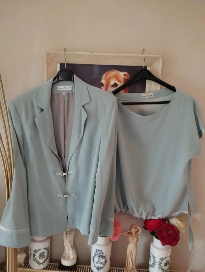 🌹 Ensemble Veste & Top Bleu Pastel Strass & Satin Gérard Pasquier T46/48 Un Petit Défaut🌹 - photo numéro 11