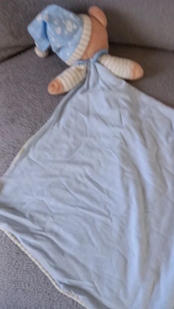 Grand doudou lange ours bleu blanc rayés- bonnet de nuit