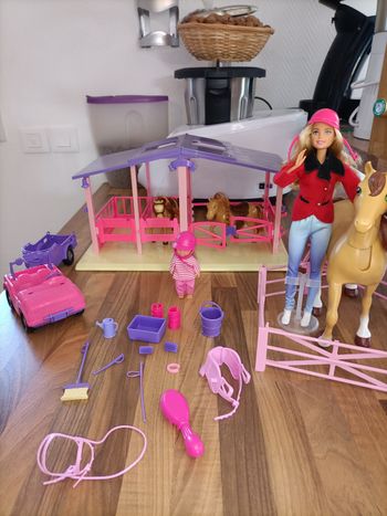 Lot Barbie Écurie avec 2 poneys + 1 cheval + 2 barbies + van + nombreux accessoires 