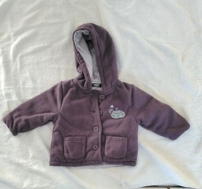 Polaire à capuche, mauve, boutons, La Redoute Création, 67 cm