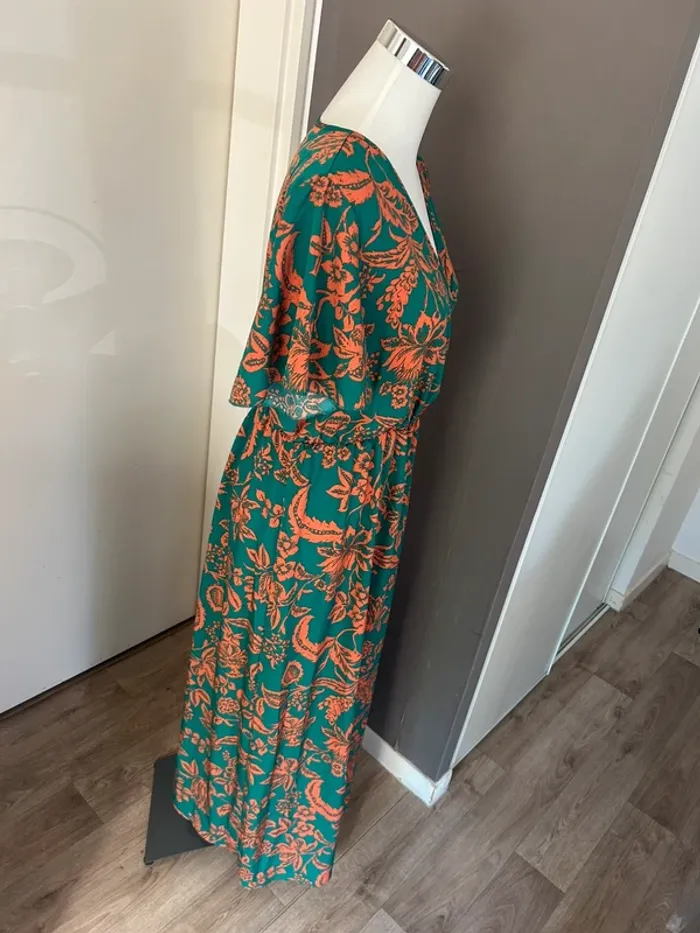 Boutique indépendante, robe, longue imprimée, florale, vert et orange. Femme, taille L/40. - photo numéro 4