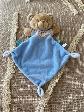 Peluche doudou plat 32cm tex ours marron et bleu parfait état