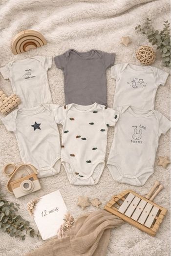 Lot de 7 bodies manches courtes, mixte - T12mois - Marques diverses 