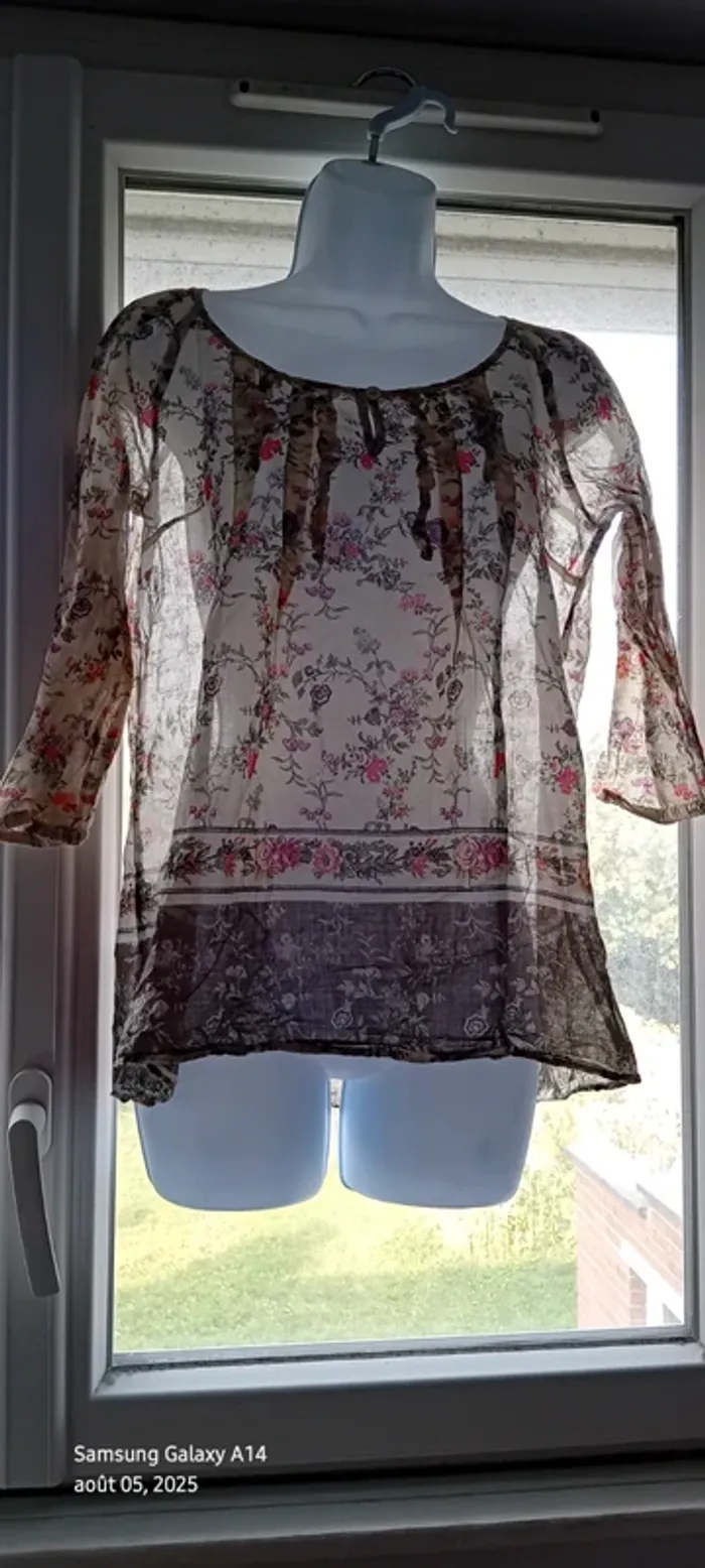 Blouse légère manches 3/4 motif fleurs esprit bohème beige femme 38 promod - photo numéro 9