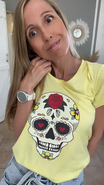 Tee-shirt coton jaune citron avec tête de mort mexicaine