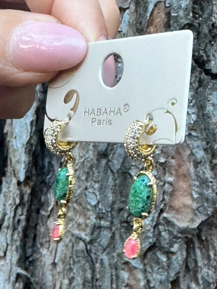 Boucles d’oreilles petites créoles zircons amazonite jade rose acier inoxydable or habaha Paris - photo numéro 4