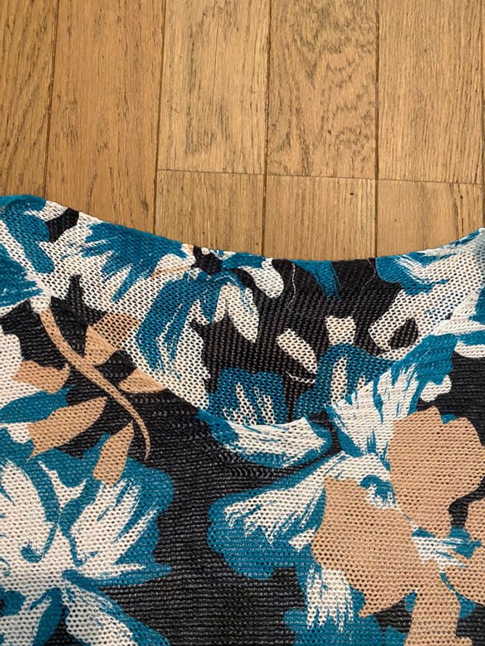 Pull léger oversize motif floral turquoise et beige taille 46 - photo numéro 3