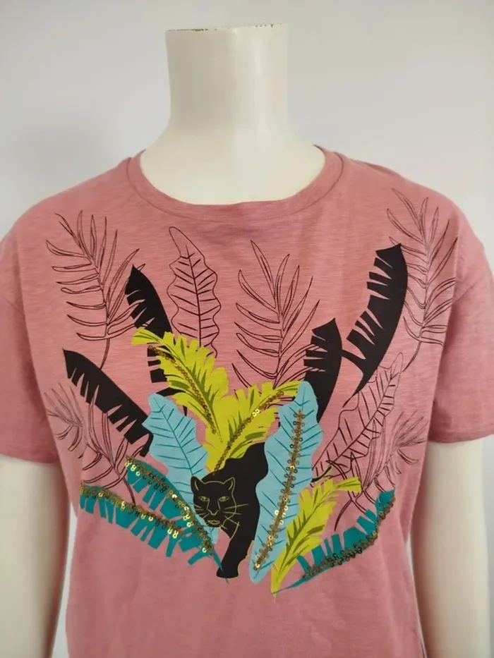 T-shirt couleur bois de rose col rond motif feuille (A995) - photo numéro 6