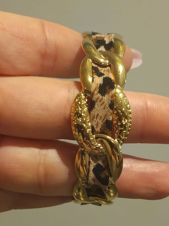 Bracelet original métal et tissu imprimé léopard tendance - photo numéro 2