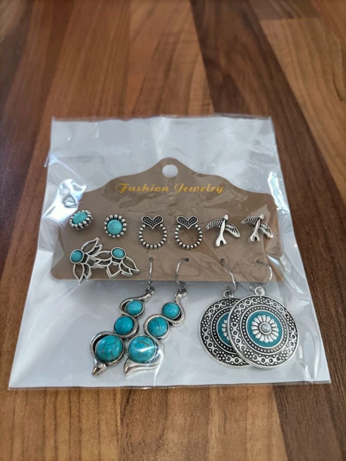 Lot 6 paires de boucles d'oreilles argent et turquoises neuves - photo numéro 5