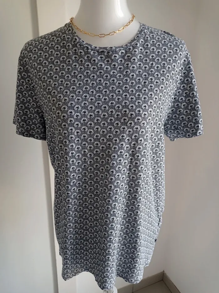 Tee-shirt Bleu marine et blanc en coton imprimé fantaisie palmier T.L Bonobo