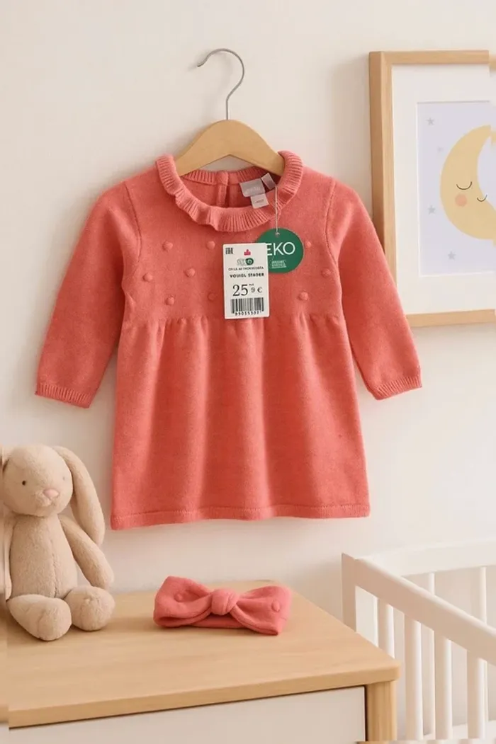 Robe tricot bébé fille 1 mois avec bandeau assorti – Obaïbi, rose corail en laine