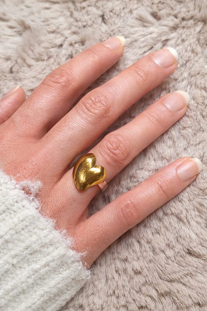 Bague cœur bombé réglable en acier inoxydable – Plaqué or 18 carats - photo numéro 1