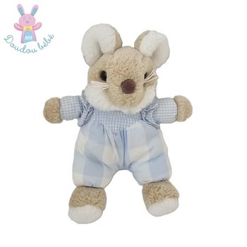 Doudou Souris beige blanc carreaux vichy bleu 19 cm JACADI