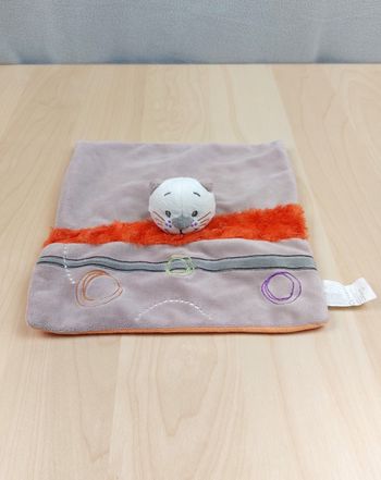 Doudou plat chat KITCHOUN marron gris fourrure orange spirale violet vert TBE