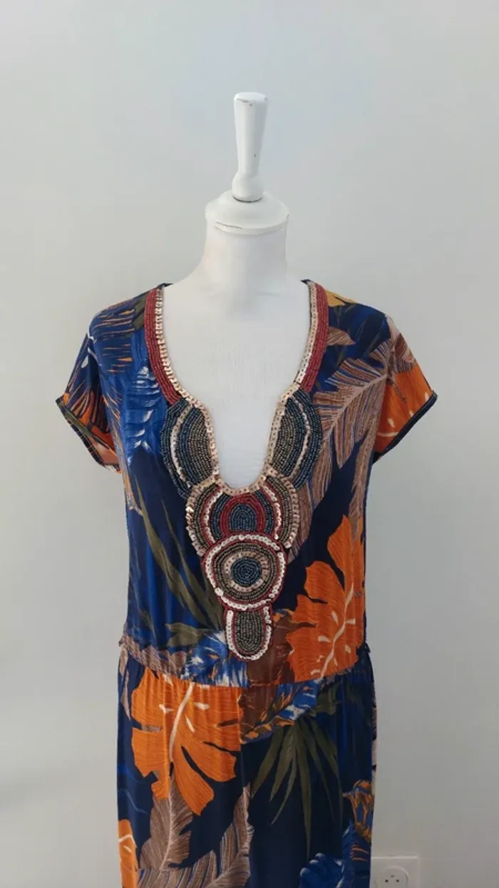 Robe longue fluide fendue et imprimée manches courtes taille unique - photo numéro 6