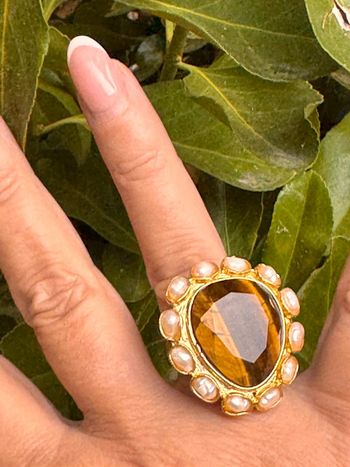 Grosse bague habaha Paris acier inoxydable or habaha Paris œil de tigre perles  d’eaux douces