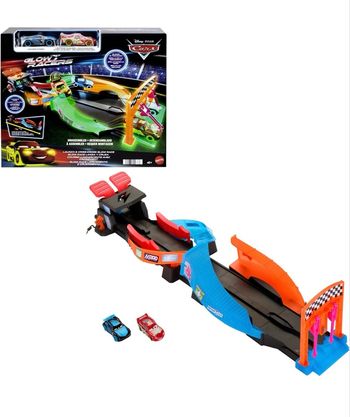 Mattel Disney Pixar Cars Coffret Circuit Course Glow Racers Avec Deux Voitures Phosphorescentes Flash Mcqueen Et Jackson Storm